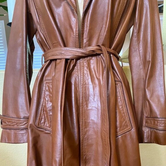 Vintage 70s Wilsons Leather Trench Coat Cognac Brown Belted Size 14 - Picture 10 of 16